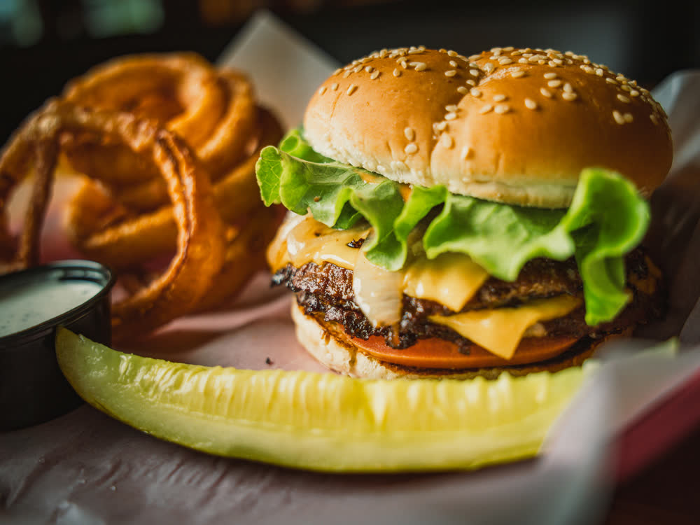 Double Smash Burger with grilled onions and fry sauce at Barge Inn Tavern, Newport OR