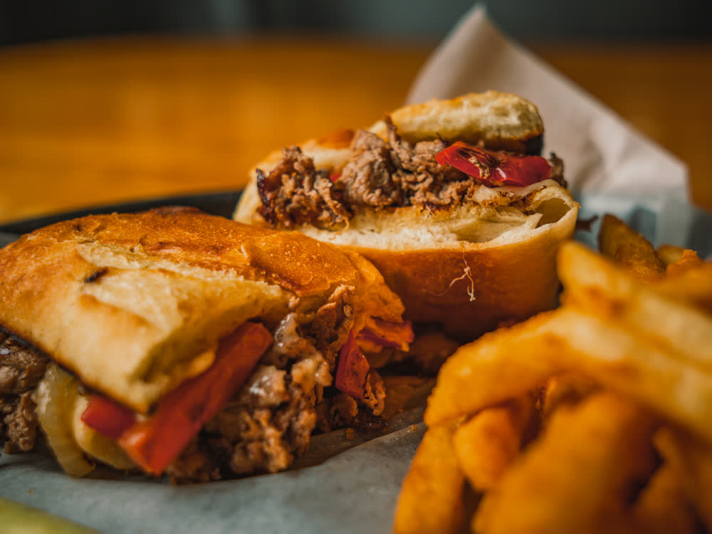 Philly Steak Sandwich with grilled peppers and onions at Barge Inn Tavern, Newport Oregon