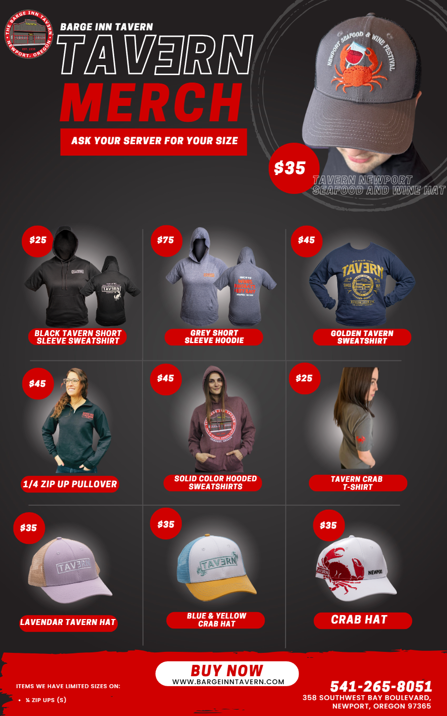 Barge Inn Tavern merch — Tavern Newport Seafood & Wine hat, hoodies, pullovers, and crab hats
