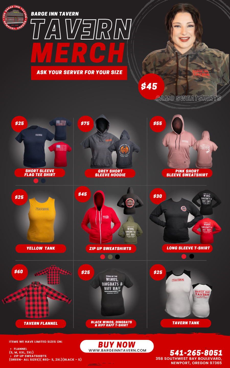 Barge Inn Tavern merch — camo sweatshirts, tees, flannels, and tanks