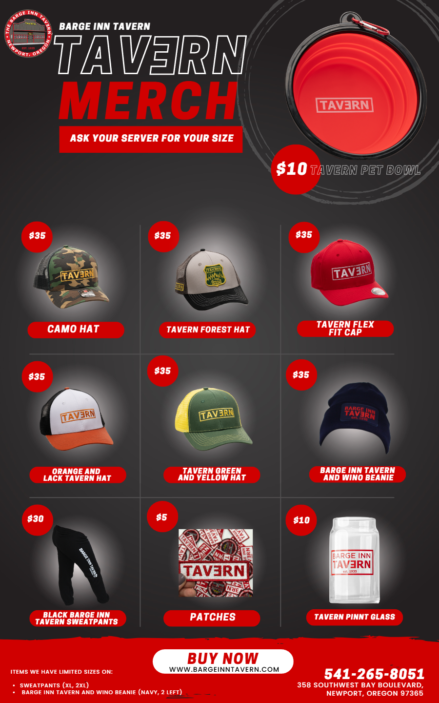 Barge Inn Tavern merch — Tavern pet bowl, camo hats, beanies, sweatpants, patches and pint glass